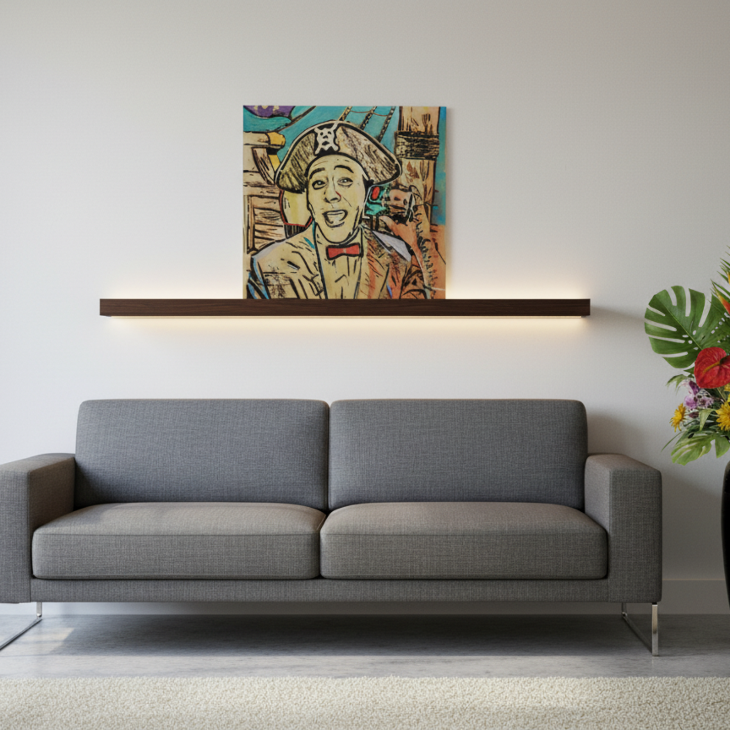 Gray sofa in a room with a colorful painting above it and a vase of flowers to the right.