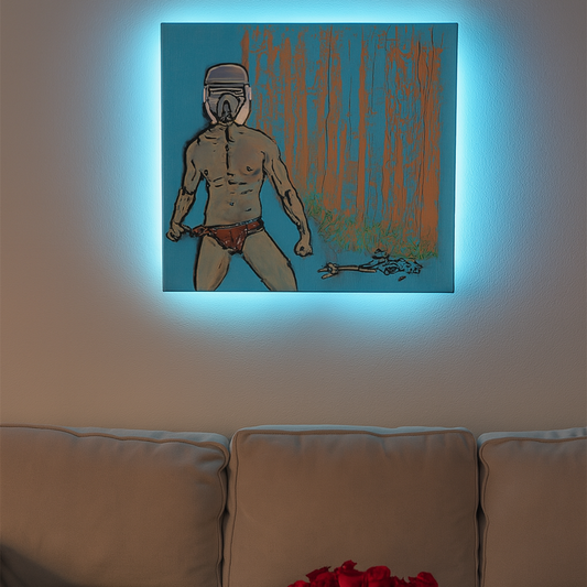 Artistic depiction of a figure with glowing blue light on a wall above a beige sofa with a vase of red roses.