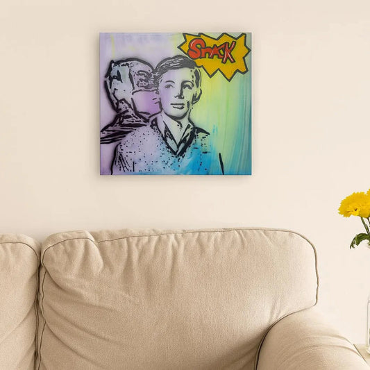 "Caped Crusaders, Sneaking a Kiss" Original Pop Graffiti Art Smack Pop Art 14" x 14"