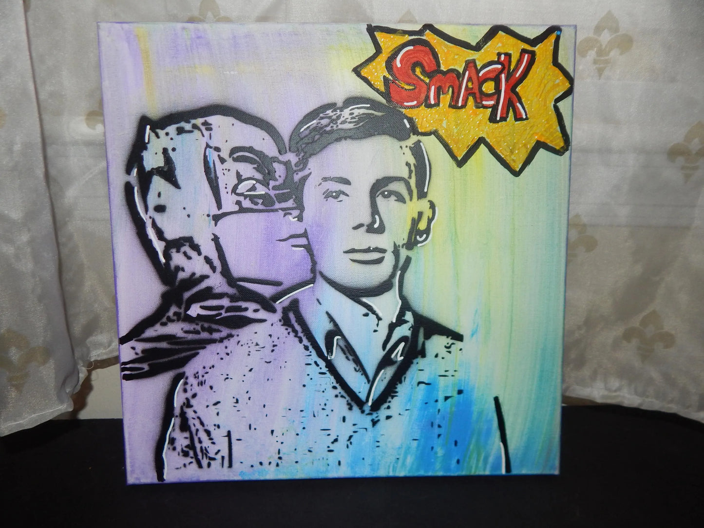 "Caped Crusaders, Sneaking a Kiss" Original Pop Graffiti Art Smack Pop Art 14" x 14"