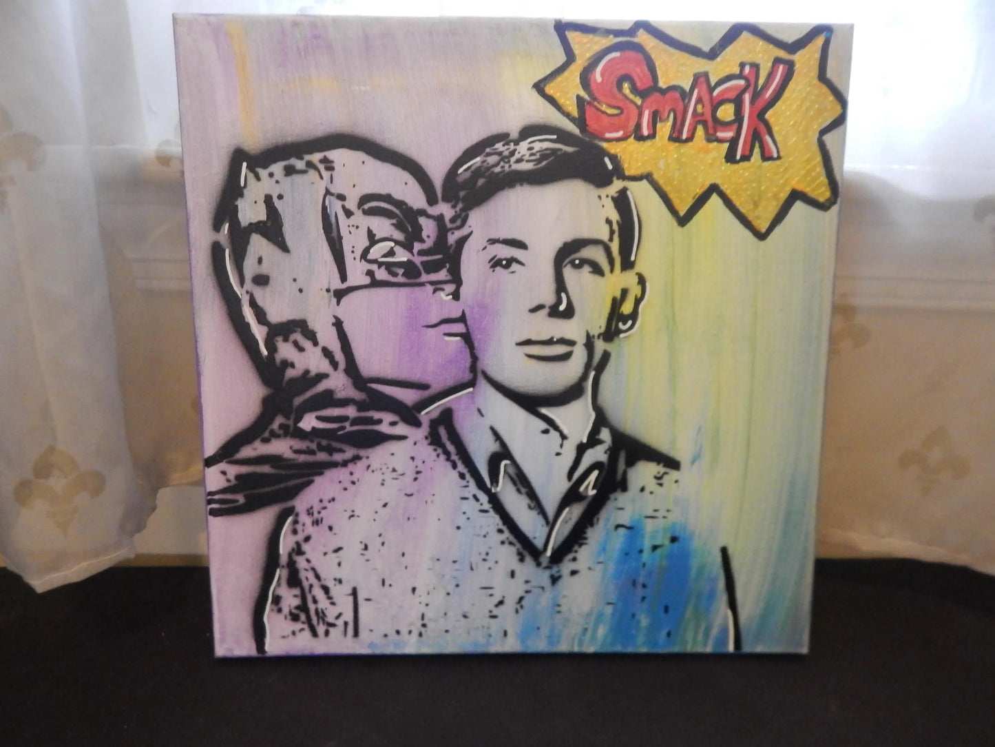 "Caped Crusaders, Sneaking a Kiss" Original Pop Graffiti Art Smack Pop Art 14" x 14"