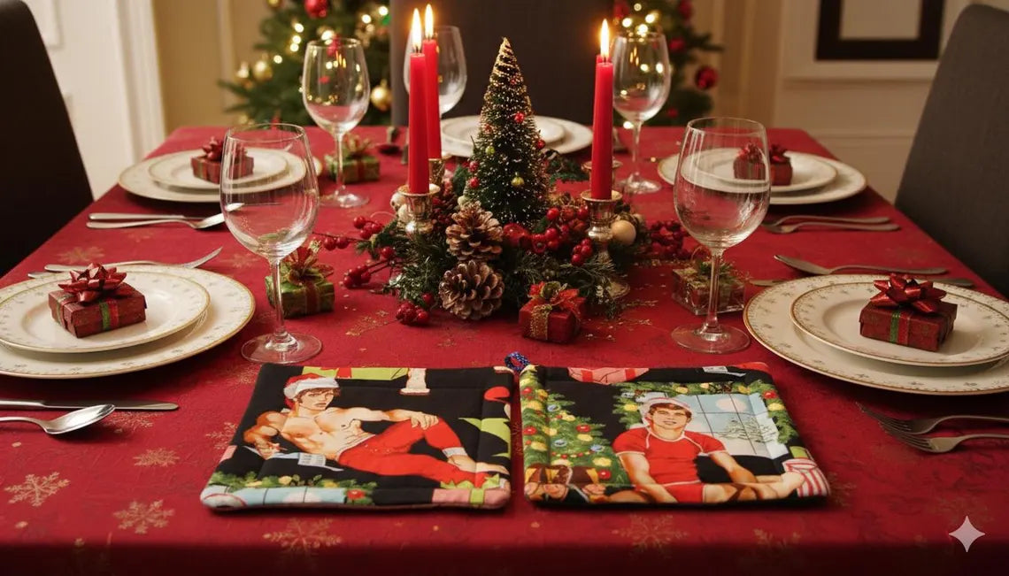 Holiday Hunks Pot Holder – Campy Christmas Kitchen Couture! Set of 2 Insulated Christmas Gifts Great Stocking Stuffer