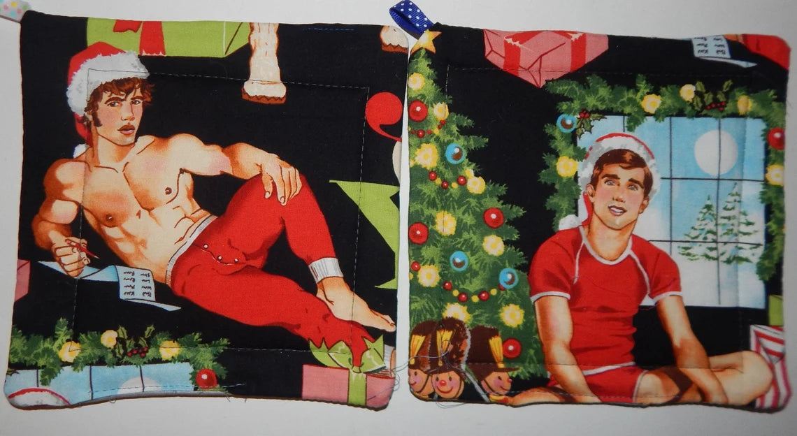 Holiday Hunks Pot Holder – Campy Christmas Kitchen Couture! Set of 2 Insulated Christmas Gifts Great Stocking Stuffer