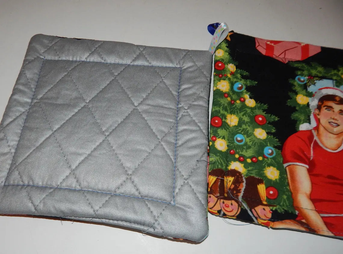 Holiday Hunks Pot Holder – Campy Christmas Kitchen Couture! Set of 2 Insulated Christmas Gifts Great Stocking Stuffer