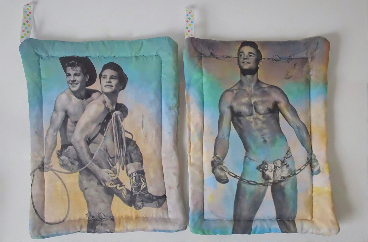 Male Vintage 50's Beefcake Potholders Vintage Cowboys & Butterfly Chains – Quilted Pot Holders with Attitude