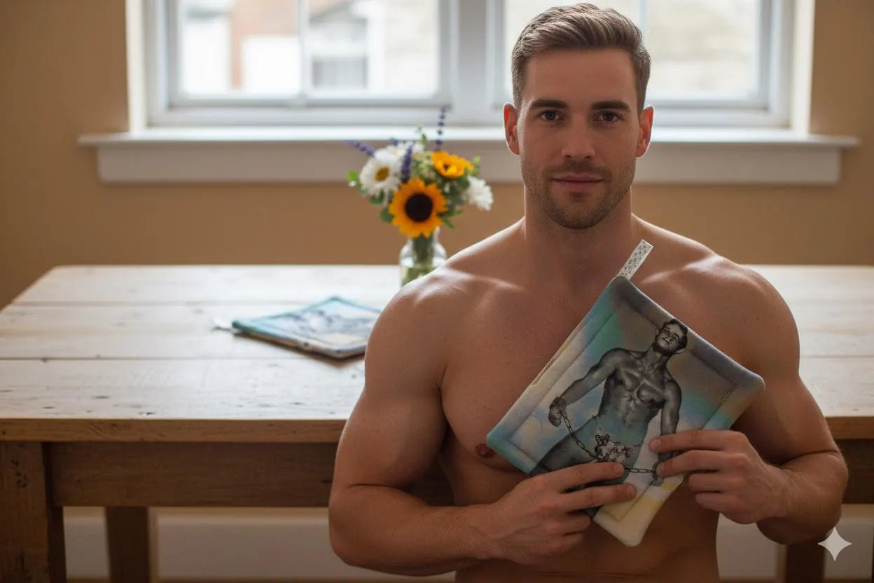 Male Vintage 50's Beefcake Potholders Vintage Cowboys & Butterfly Chains – Quilted Pot Holders with Attitude