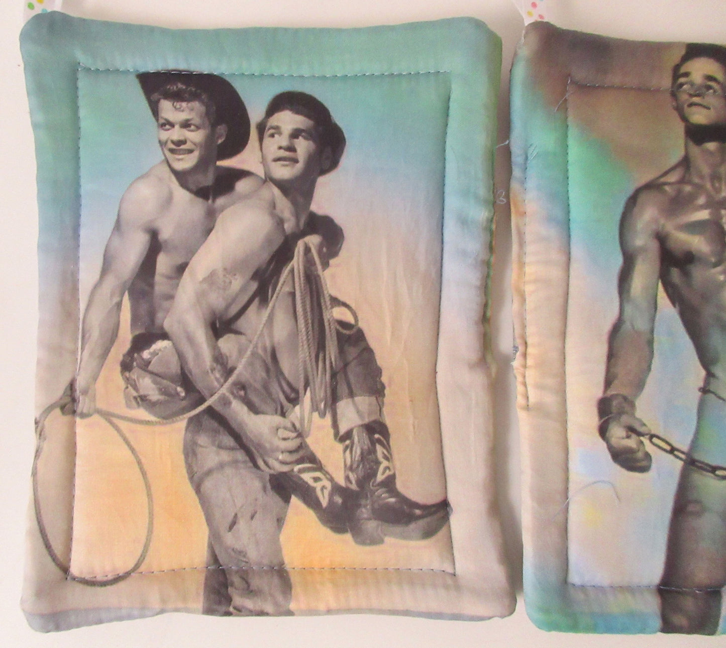 Male Vintage 50's Beefcake Potholders Vintage Cowboys & Butterfly Chains – Quilted Pot Holders with Attitude