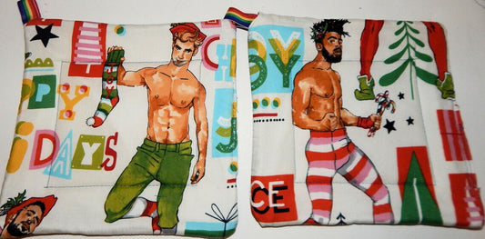 Holiday Hunks Pot Holder – Campy Christmas Kitchen Couture! Set of 2 Insulated Christmas Gifts Great Stocking Stuffer