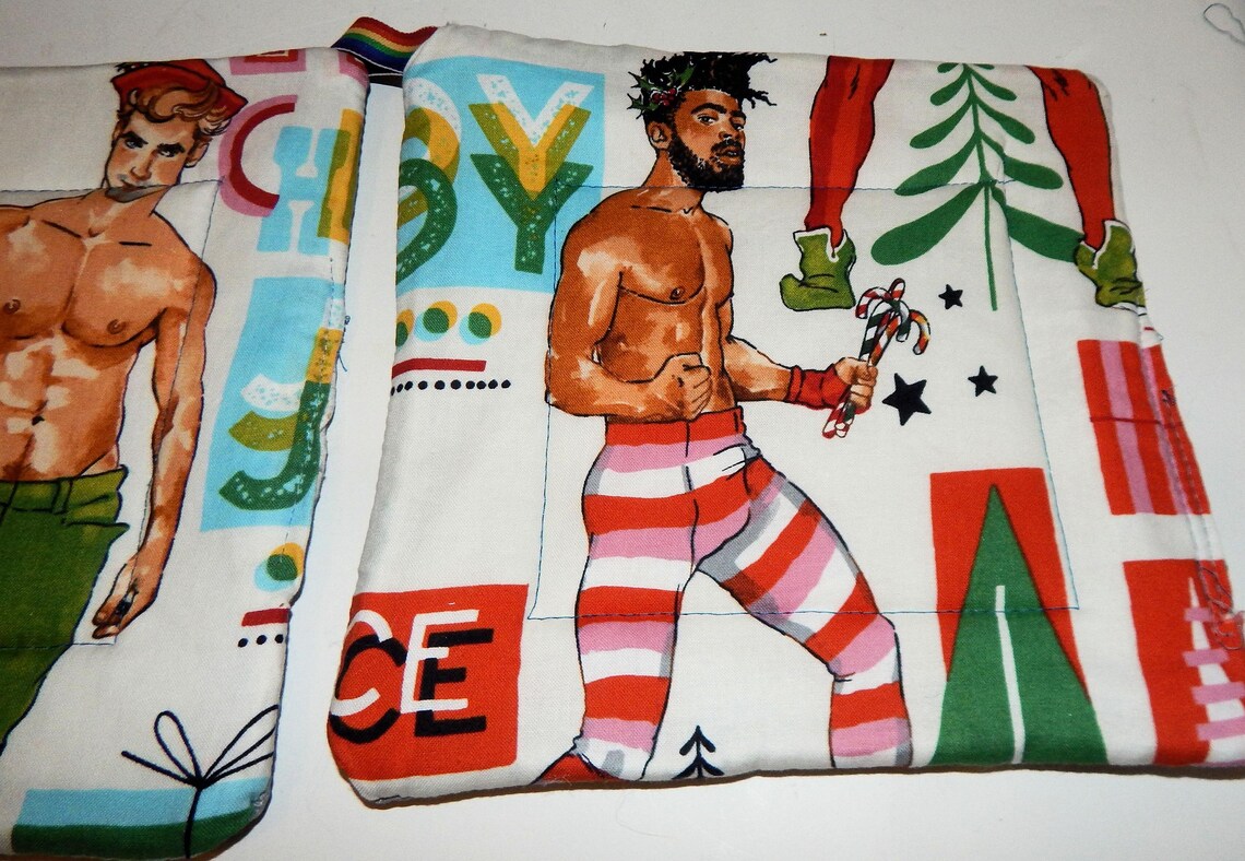 Holiday Hunks Pot Holder – Campy Christmas Kitchen Couture! Set of 2 Insulated Christmas Gifts Great Stocking Stuffer