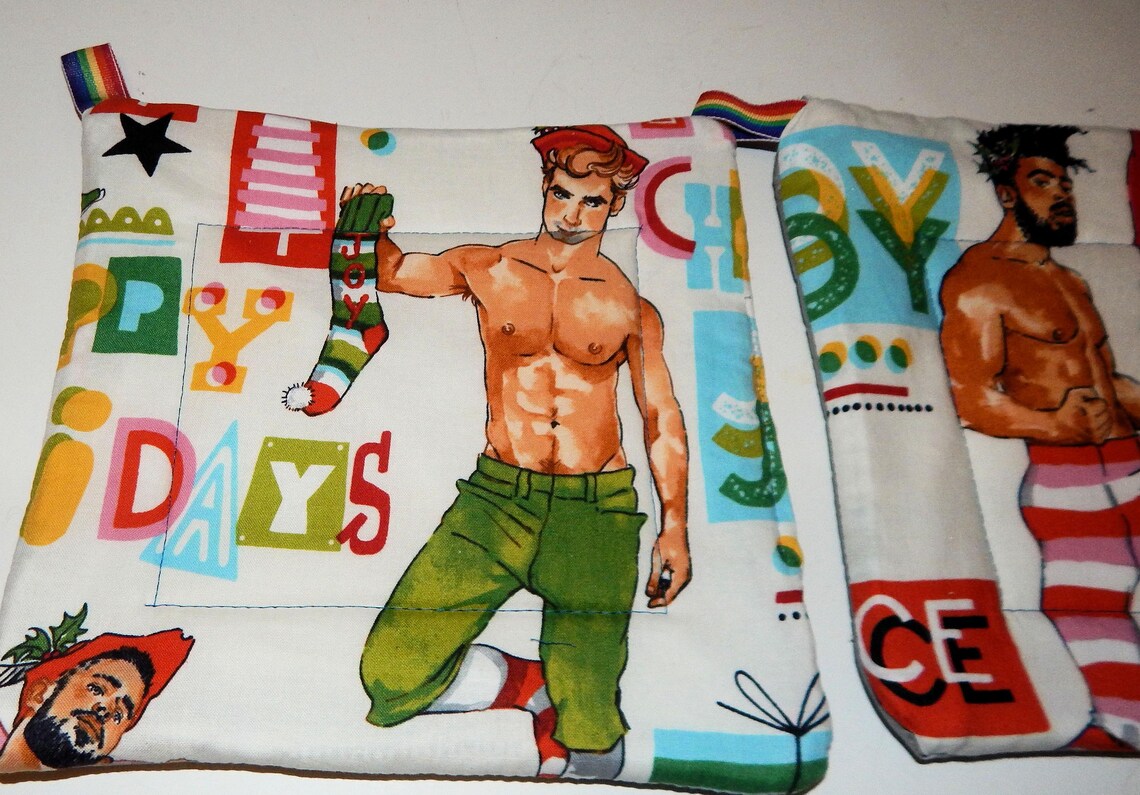 Holiday Hunks Pot Holder – Campy Christmas Kitchen Couture! Set of 2 Insulated Christmas Gifts Great Stocking Stuffer