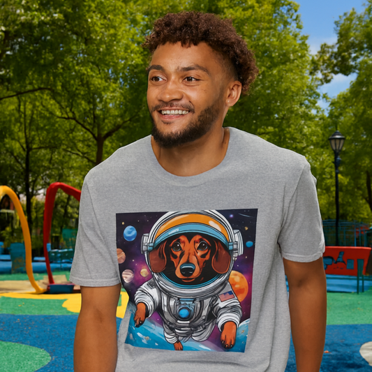 Man wearing a t-shirt with a dog astronaut graphic in a park