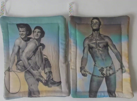 Male Vintage 50's Beefcake Potholders Vintage Cowboys & Butterfly Chains – Quilted Pot Holders with Attitude