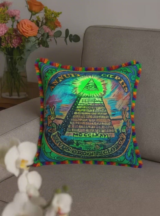Illuminati Dollar Throw Pillow from Original Art Work Annuit Coeptis, Fun Funky 13x13" Pom Pom