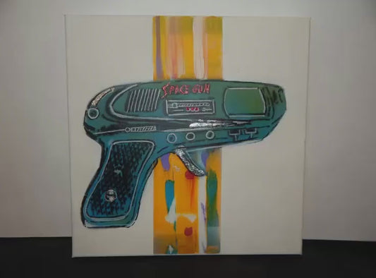 Original Pop Graffiti  “SPACE GUN” Retro Pop Art Canvas – Vintage Sci-Fi Meets Bold Color  12" x 12" square.