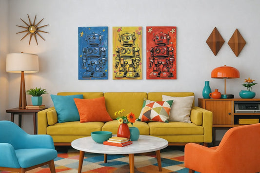 Retro Robot Pop‑Art Triptych – 10x20 Three‑Frame Set Original Art