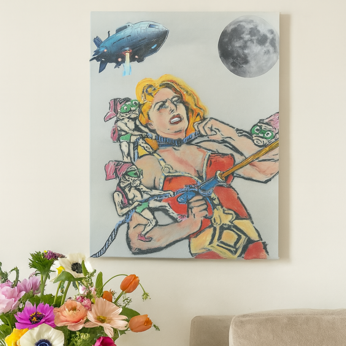 Original Graffiti Painting – Sci-Fi Femme Showdown  Comic Book Chaos Meets Street Art 12"x16"