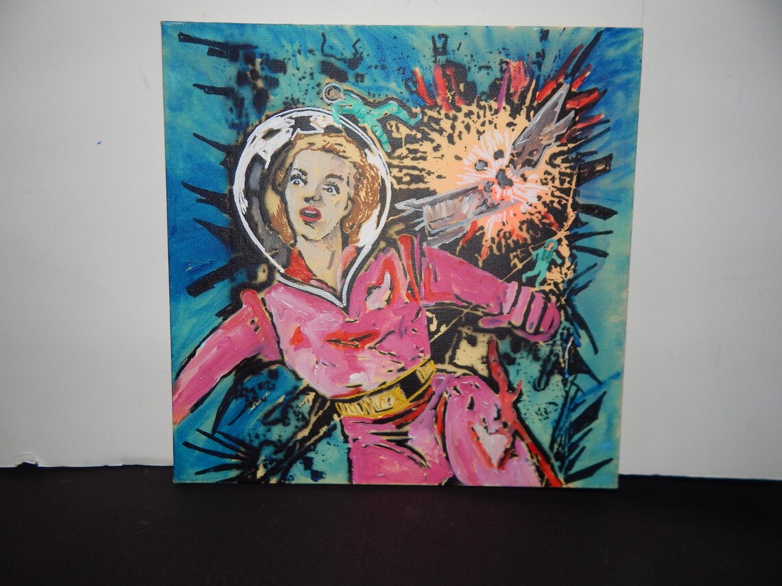 Original Pop Graffiti "Cosmic Panic” – Original 12x12 Pop Art Painting – Retro Space Drama Meets Comic Book Chaos