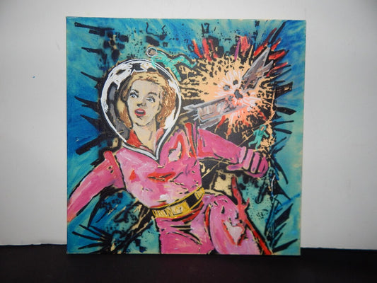 Original Pop Graffiti "Cosmic Panic” – Original 12x12 Pop Art Painting – Retro Space Drama Meets Comic Book Chaos