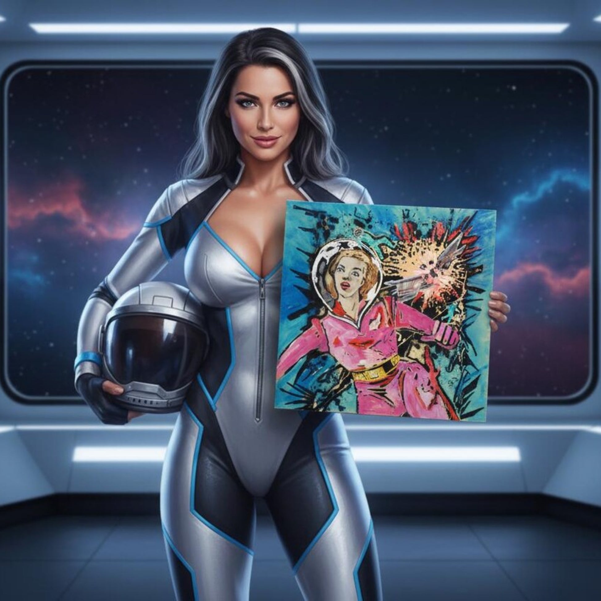 Woman in futuristic space suit holding a painting in a sci-fi setting