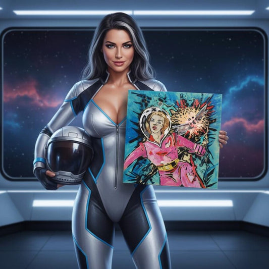 Woman in futuristic space suit holding a painting in a sci-fi setting